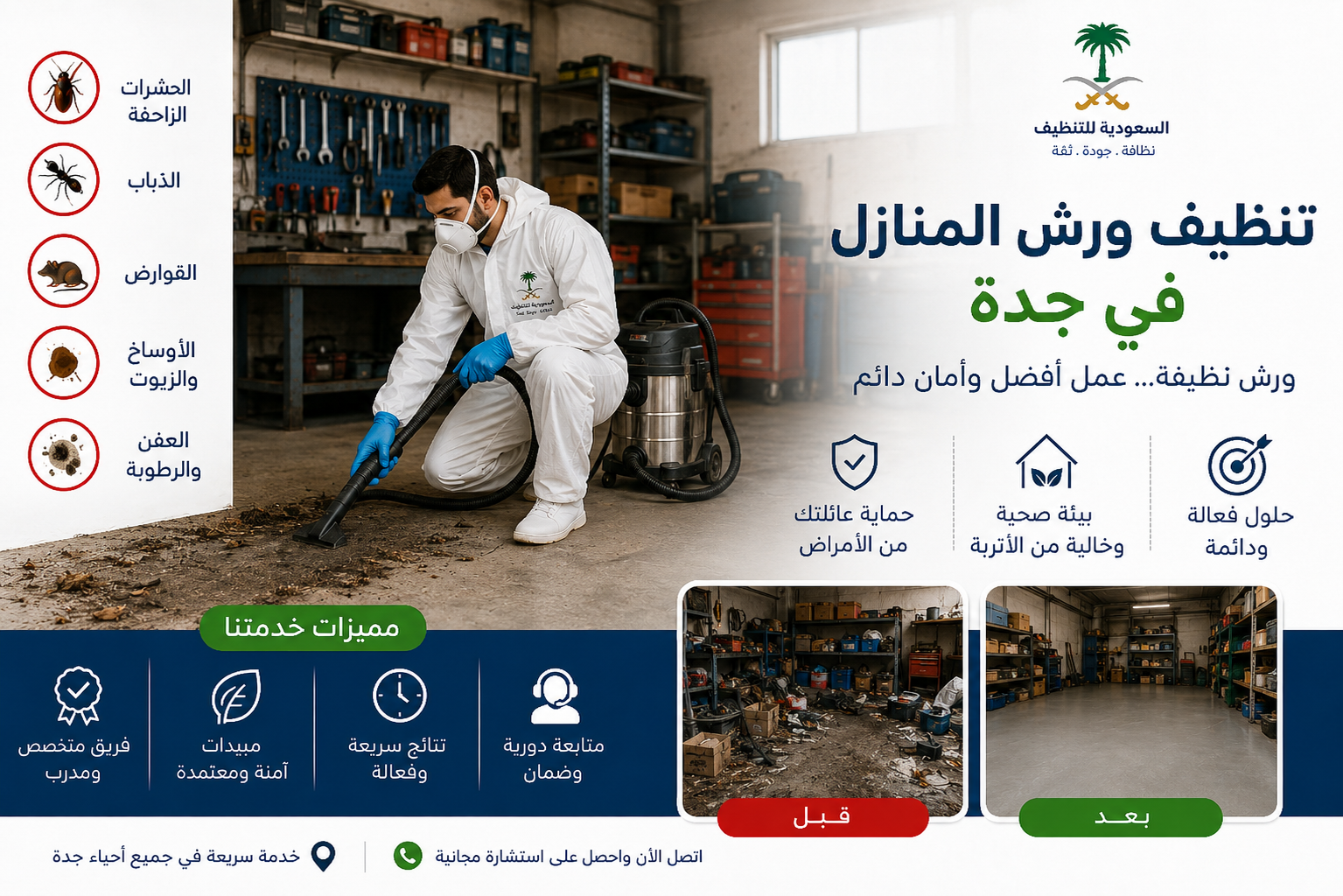 صورة غلاف المقال: أهمية خدمات تنظيف ورش المنازل في جدة: دليل شامل من السعودية للتنظيف