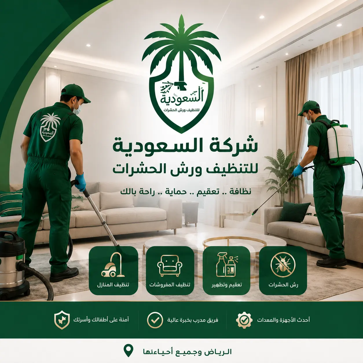 تنظيف منازل بالرياض — غرفة معيشة نظيفة بفريق محترف ومعدات مناسبة للمنازل السعودية — السعودية للتنظيف